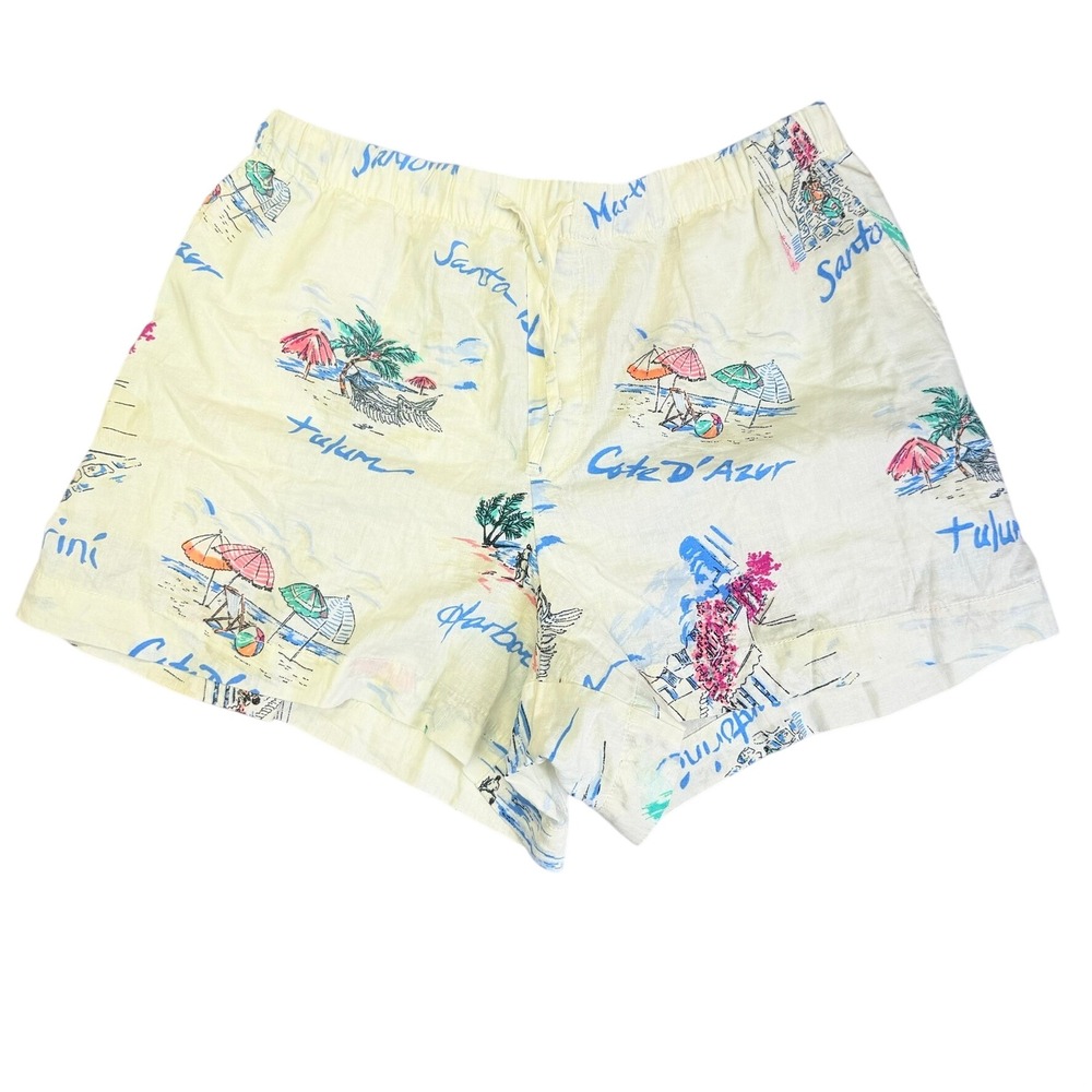 Gap Shorts Womens Med Linen 4in Easy Vacationland Shorts Yellow Postcard Print